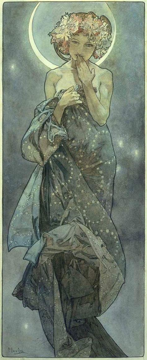 Alphonse Mucha  24 July 1860 in Prague. The Moon, 1902. Alfons Maria Mucha, Art Nouveau Mucha, Motifs Art Nouveau, Illustration Art Nouveau, Alphonse Mucha Art, Illustration Kunst, Mucha Art, Alfons Mucha, Art Nouveau Illustration