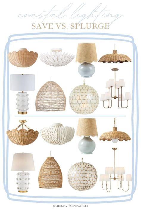 These coastal lighting look for less options give the Serena & Lily vibe without the price tag. Includes a scalloped woven flushmount light fixture, coastal lamps, bubble dot lamps, honeycomb capiz chandelier, gold chandelier with shades, white petal light, basket pendant lights and more! Coastal Farmhouse Lighting, Beachy Chandelier, Lights In Kitchen, Chandelier With Shades, Coastal Lamps, Coastal Light Fixtures, Capiz Chandelier, Lake Condo, Coastal Lamp