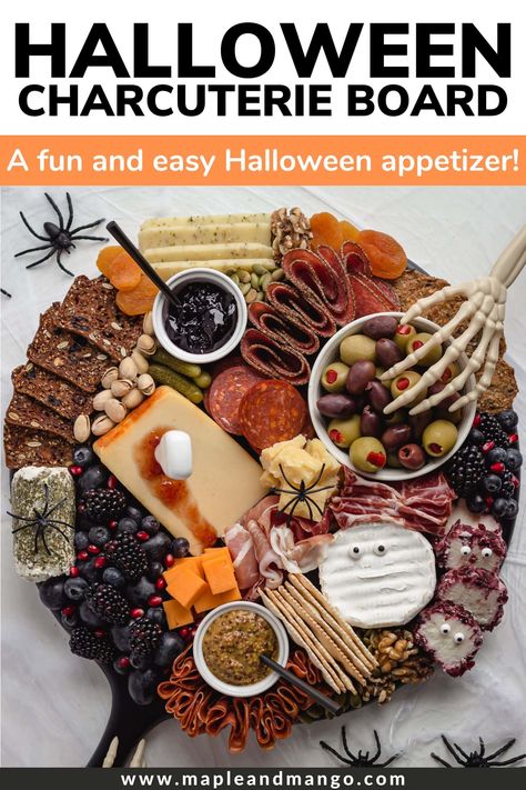 This spooky Halloween charcuterie board is the perfect choice if you are looking for a simple yet impressive Halloween appetizer or snack. It's super easy to assemble - no cooking, just arranging! Or choose from one of the other amazing Halloween charcuterie board ideas in the post! | www.mapleandmango.com Simple Halloween Snacks, Charcuterie Board Halloween, Halloween Charcuterie Board Ideas, Halloween Chocolate Covered Strawberries, Halloween Veggie Tray, Puking Pumpkin, Homemade Halloween Treats, Halloween Charcuterie Board, Halloween Appetizer