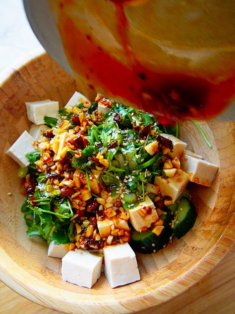 Tofu Cucumber Salad with Chili Crisp Vinaigrette | girlfromcalifornia Salad With Chili, Cold Tofu, Marinated Cucumbers, Chili Crisp, Tofu Salad, Tofu Recipes, Asian Cooking, Cucumber Salad, Veggie Dishes