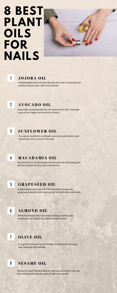 These are 8 of the best carrier oils for nails and cuticles. They are great for nails growth and strength, nail damage, nail peeling and breaking, nail repair and nail dryness.  #oilsfornailsandcuticles, #oilsfornailsstrength, #oilsfornailsgrowth, #oilsfornailsgrowthandstrength Nail Growth Tips, Dry Cuticles, Tongue Health, Nail Repair, Nail Care Tips, Nail Oil, Nail Growth, Macadamia Oil, Nail Cuticle