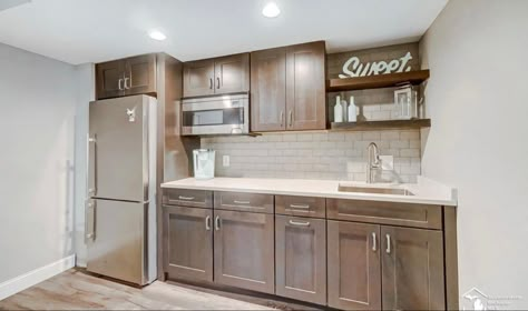 L Shaped Kitchenette Basement, Basement Corner Kitchenette, Basement Kitchenette Full Fridge, Simple Basement Kitchenette, Basement Kitchenette With Fridge, Basement Kitchenette White Cabinets, Basement Kitchenette L Shape, Basement Wet Bar With Full Size Fridge, Kitchenette Cabinets