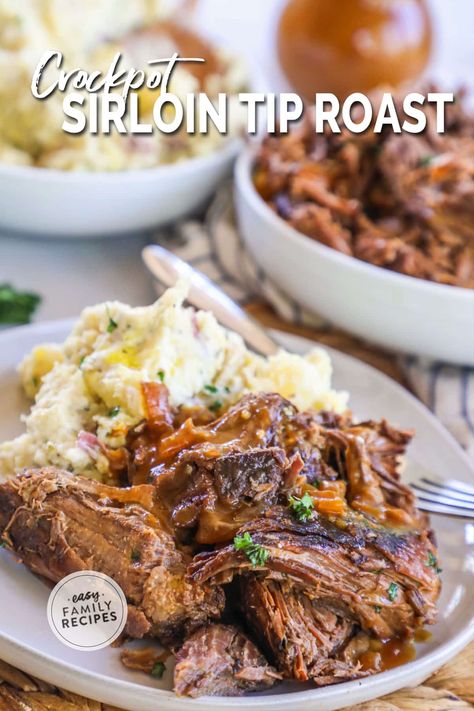 This Crockpot Sirloin Tip Roast is a FAVORITE, whether it’s for a Sunday night dinner or a busy weeknight. The slow cooker makes it easy to transform inexpensive sirloin tip roast into a fall apart tender, juicy cut of beef—you’re not going to believe how flavorful it is! Use the juices from the crockpot to make perfect savory gravy or just serve the roast with au jus for dipping. This is a slow cooker dinner your whole family will love! Crockpot Sirloin Tip Roast, Roast With Au Jus, Sirloin Roast Recipes, Pork Sirloin Roast, Beef Roast Crock Pot, Sunday Night Dinner, Asian Steak Bites, Tip Roast, Dinner Crockpot