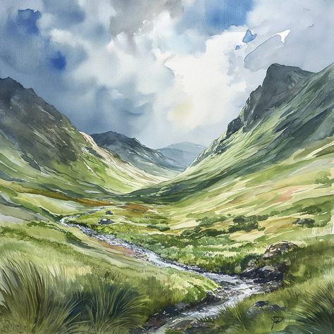 Scottish Highlands Watercolour, Scottish Highlands Art, Scotland Art Painting, Scottish Landscape Art, Scotland Watercolor Paintings, Scottish Highlands Painting, Watercolor Art Ideas Inspirational, Scottish Watercolor, Watercolor Stream