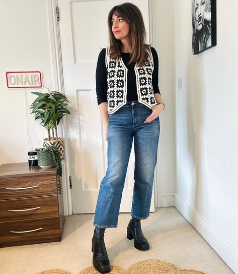 Just sharing because I loved this outfit! Waistcoat is from the kids section at Zara 🖤 I’m wearing an age 13-14! Plus, kids sizes are cheaper so if you can fit in to them and are 5ft or under like me, it can save some pennies 😊 Have a lovely day ��🤩 Waistcoat and jeans @zara Boots @stradivarius (past season) Black top @marksandspencer #weekendstyle #zara #crochet #over40style Crochet Waistcoat Outfit, Waistcoat And Jeans Outfit, Waistcoat And Jeans, Travelling Outfit, Waistcoat Outfit, Crochet Waistcoat, Zara Boots, Weekend Style, Lovely Day