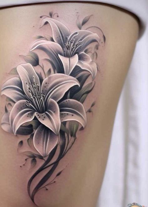 Colored Lily Flower Tattoo, Women Elbow Tattoo, Lily Tattoo Sleeve, Lilly Tattoo Design, Stargazer Lily Tattoo, Lilly Flower Tattoo, Tiger Lily Tattoos, Water Lily Tattoos, Lillies Tattoo