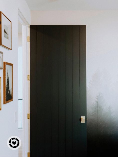 Black doors with vertical detailing, satin brass knob and hinges - all the pretty details! Wall mural, boy’s room decor, door details, Benjamin Moore Soot, EMTEK satin brass Follow my shop @modernbymiles on the @shop.LTK app to shop this post and get my exclusive app-only content! #liketkit #LTKhome #LTKfamily @shop.ltk https://liketk.it/3LmZT Emtek Satin Brass, Black Interior Door, Dark Doors, Black Interior Doors, Gold Knobs, Brass Knob, Boy’s Room, Door Detail, Black Door