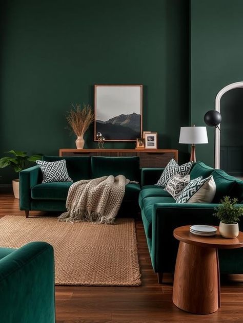 20 Dark Green Living Room Ideas Green Edwardian Living Room, Hunter Green Accent Wall Living Room, Emerald Green Walls Living Room, Green Sectional Living Room Ideas, Dark Green Couch Living Room Ideas, Moody Green Living Room, Dark Green Living Room Ideas, Dark Green Couches, Green Living Room Color Scheme