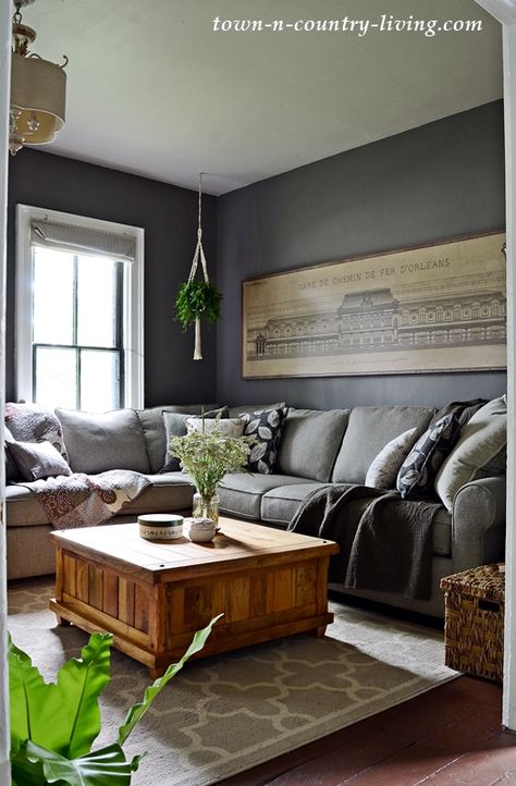 Summer Neutrals Home Tour - Dark Gray Living Room Dark Grey Color Scheme Living Room, Moles Breath Living Room, Dark Gray Farmhouse Living Room, Dark Grey Walls Living Room Decor, Dark Gray Living Room Ideas, Gray Family Room, Dark Gray Living Room, Moles Breath, Grey Family Rooms