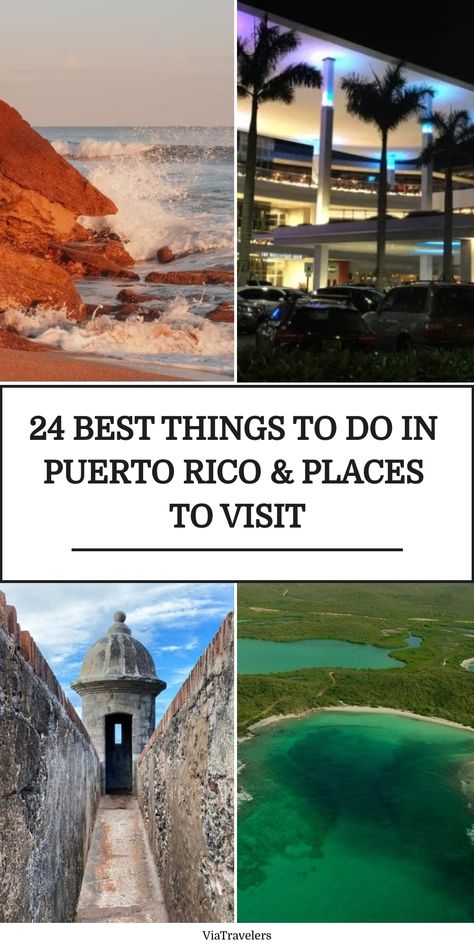 Collage showcasing Puerto Rico, including a beach, a vibrant nightlife scene, a historic fort, and a lush coastal landscape. Text reads "24 Best Things to Do in Puerto Rico & Places to Visit". Puerto Rico In December, El Conquistador Puerto Rico, Best Things To Do In Puerto Rico, Caguas Puerto Rico, Puerto Rico Itinerary, Rio Grande Puerto Rico, Arecibo Puerto Rico, Fajardo Puerto Rico, Bioluminescent Bay