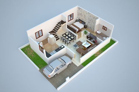 3D Ground Floor Plan Design of Duplex (1280 Sq. Ft.) Ground Floor Plan - 720 Sq. Ft. for Wish Town Township Project at Shivala Patna House 3d Plans, 20x30 House Plans, 2bhk House Plan, Duplex Plans, Indian House Plans, 3d House Plans, Two Bedroom House, Architecture Magazine, Duplex House Plans