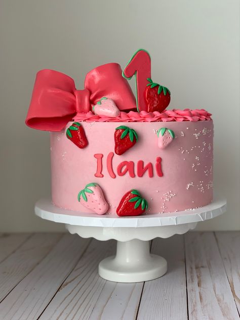 Strawberry Cake For Baby Girl, Very Berry First Birthday Cake, Strawberry Cake 1st Birthday, First Birthday Berry Cake, Strawberry Theme Cake, Berry First Birthday Cake, 1st Bday Cake, Strawberry Birthday Cake, Berry First Birthday