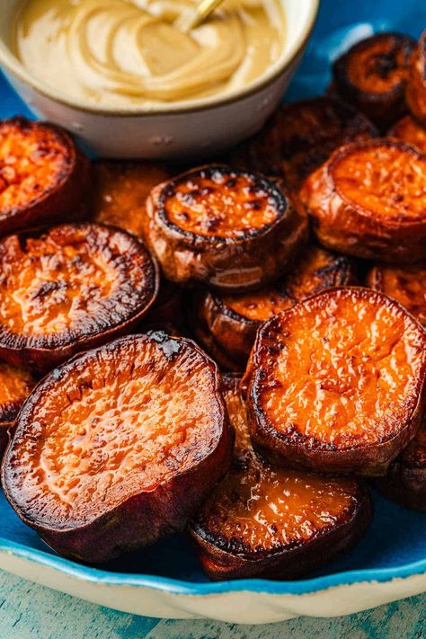 Oven Roasted Sweet Potatoes | The Mediterranean Dish Roasted Sweet Potato Rounds, Mediterranean Sweet Potatoes, Sweet Potato Rounds, Sweet Potato Oven, Potato Rounds, Sweet Potato Recipes Roasted, Sweet Potato Gratin, Oven Roasted Sweet Potatoes, Mediterranean Cooking