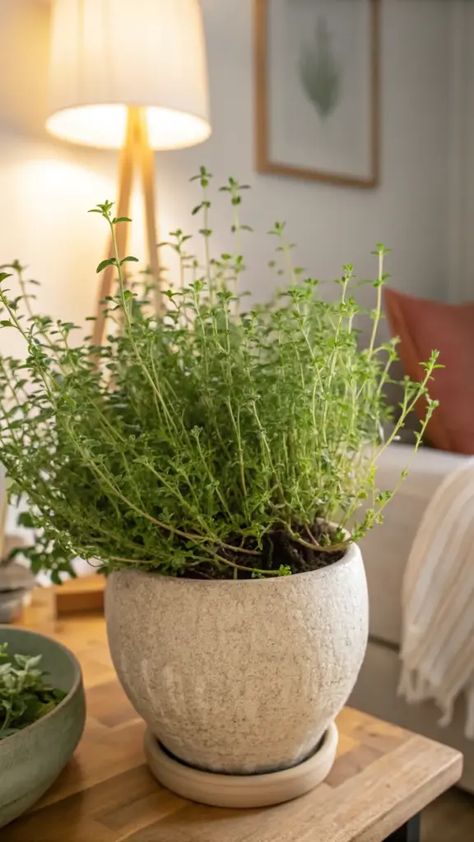 A serene home setting showcasing a medicinal herbal plant growing vibrantly in a rustic earthenware pot atop a wooden table. The plant, commonly used in herbal plants medicine, displays delicate green leaves under warm, ambient lighting from a nearby lamp. The cozy interior scene is captured in high resolution with soft lighting that highlights the therapeutic plant's natural beauty against subtle background elements. Wellness Garden, Warm Ambient Lighting, Background Elements, Serene Home, Subtle Background, Herbal Plants, Plant Medicine, Plant Growing, Healing Herbs