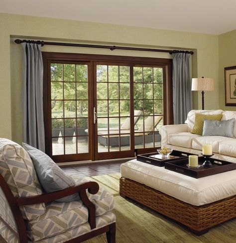 Living Room Patio Doors, Patio Door Window Treatments, French Door Window Treatments, Window Remodel, Indoor French Doors, Sliding Door Window Treatments, Sliding French Doors, Door Window Treatments, French Doors Exterior