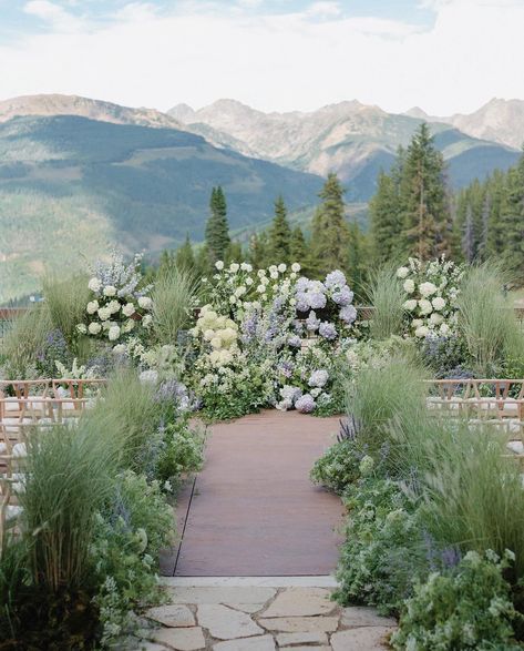 Mountain Garden Party Wedding, Blue Mountains Wedding, Baby Blue And Green Wedding, Grounded Floral Arches Wedding, Aisle Flowers Wedding Walkways, Blue Forest Wedding, White Green And Blue Wedding, Feyre Wedding, Blue And Green Wedding Theme