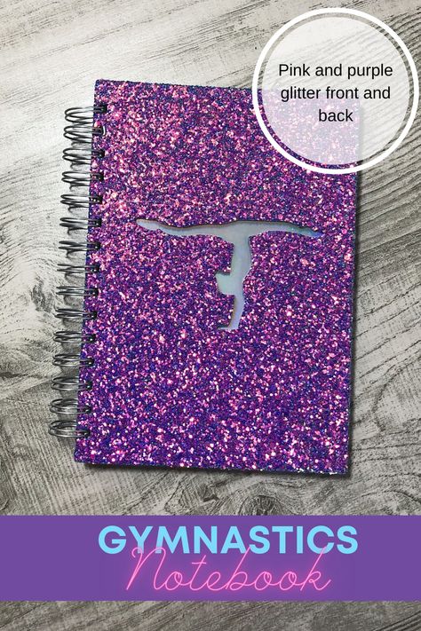 100 page glittery notebook has a gymnast cutout silhouette on the front. It has blank pages inside that you can use for journaling or writing notes. Notebook sometimes looks pink and other times purple depending on the light. Pages inside say "GymnasticsHQ" on the top. Gifts For Gymnasts, Gymnastics Jewelry, Gymnastics Apparel, Notes Notebook, Good Luck Charms, Gymnastics Gifts, Writing Notes, Blank Journal, Pink Sparkle