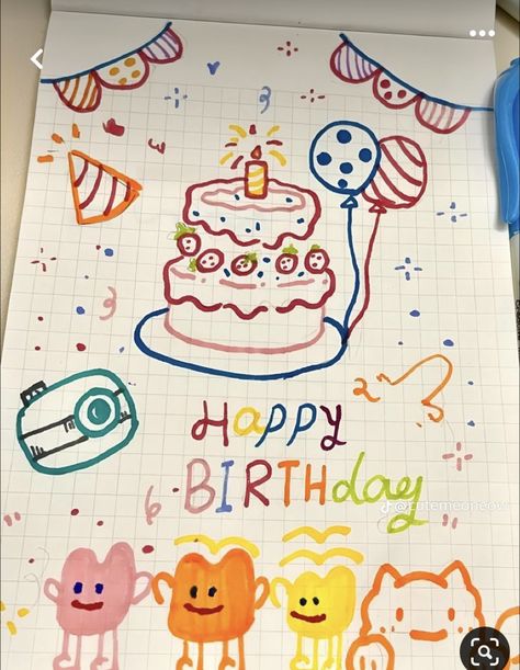 How To Draw A Birthday Cake, Happy Birthday Card Drawing, Birthday Cake Drawing, Happy Birthday Doodles, Happy Birthday Drawings, Hadiah Diy, Birthday Doodle, Happy Birthday Cards Diy, Happy 6th Birthday