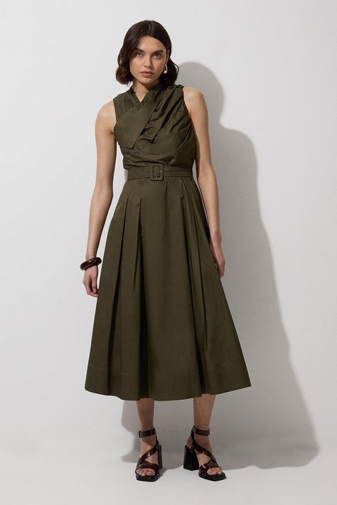 Cotton Sateen Asymmetric Belted Woven Midi Dress - Khaki/Green - Cotton Sateen Asymmetric Belted Woven Midi Dress