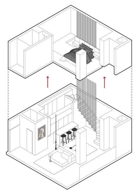 Batel Loft / Giuliano Marchiorato Arquitetos Loft Floor, Interior Architecture Drawing, Interior Design Drawings, Small Loft, Architectural Floor Plans, Loft Design, Diagram Architecture, Minimalist Architecture, Architecture Sketch