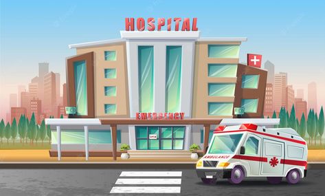 Ambulance Cartoon, Hospital Cartoon, Background Hospital, Geometric Photography, Hospital Icon, Hospital Building, Emergency Ambulance, Hospital Pictures, Kids Background