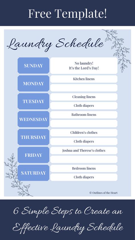 A laundry schedule template along with the caption "6 Simple Steps to Create an Effective Laundry Schedule" Weekly Laundry Schedule, Laundry Schedule, Mattress Pad Cover, Laundry Shop, Time Schedule, Family Of 6, Day Schedule, Family Of 4, Doing Laundry