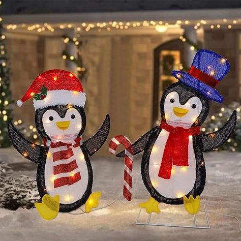 WATERGLIDE Set of 2 Lighted Christmas Tinsel Penguins, Pre-Lit 2D Stacked Penguin with Incandescent Lights, Light Up & Plug in for Indoor Outdoor Festive Xmas Holiday Garden Yard Lawn Decor Outdoor Christmas Presents, Christmas Garden Decorations, Penguin Decor, Outside Christmas Decorations, Christmas Tinsel, Christmas World, Penguin Christmas, Light Up The Night, Led Christmas Lights