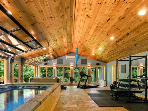 Endless Pools swimming pool in a home gym addition Gym And Pool Design, Pool House And Gym, Outdoor Pool Room, Indoor Endless Pool, Barndominium Home Gym, Gym Pool House, Home Gym With Pool, Indoor Swimming Pools Home, Interior Pool Design