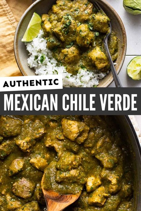 Chile verde made from tender pieces of pork simmered in a flavorful tomatillo and green chile sauce. Serve over rice for an authentic Mexican dish! Chili Verde Pork Authentic Crockpot, Green Salsa Verde Recipes, Crockpot Chile Verde, Mexican Pork Chili, Pork Chili Verde Recipe, Slow Cooker Chile Verde, Pork Green Chili, Pork Verde, Green Chile Pork