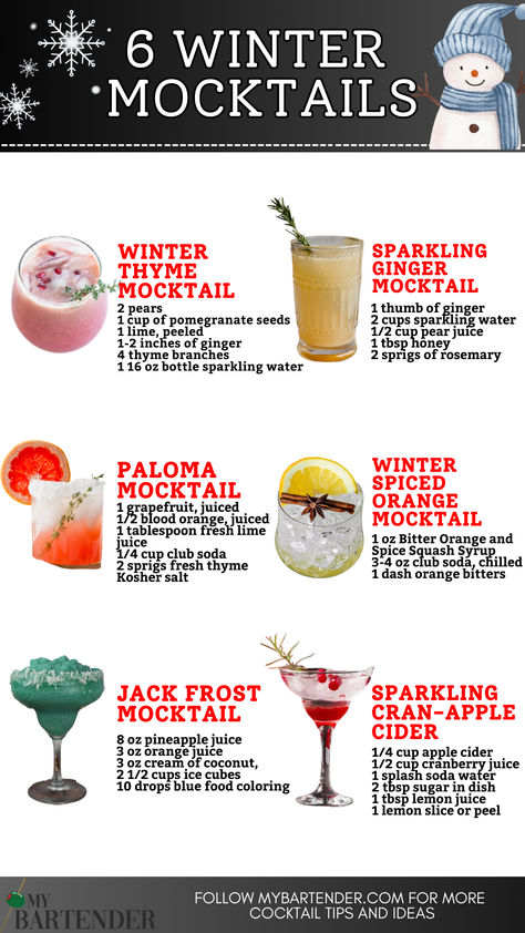 Winter Mocktails Jack Frost Mocktail Recipe, Winter Themed Drinks Cocktail Recipes, Winter Adult Drinks, Mocktail Recipe Winter, Gingerbread Mocktail, Kiddie Cocktails, Winter Mocktail, Winter Mocktails, Mixing Cocktails