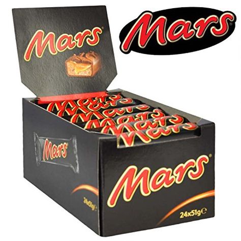 Mars Chocolate Bar 51g (Pack of 24 bars) Mars Classic chocolate bar. Box of 24 single bars. Each chocolate bar is 51g (Barcode EAN = 5000159409056). http://www.comparestoreprices.co.uk/december-2016-3/mars-chocolate-bar-51g-pack-of-24-bars-.asp Mars Chocolate Bar, Snickers Chocolate Bar, Chocolate Candy Brands, Mars Chocolate, Free Coupons By Mail, Snickers Chocolate, American Snacks, Mars Bar, Baby Birthday Invitations