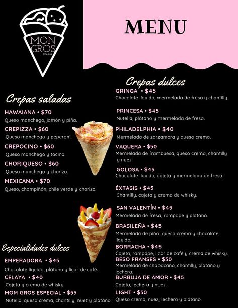 Creperia Ideas, Crepe Bar, Sweet Crepes Recipe, Stuffed Crepes, Pizza Cones, Sweet Crepes, Bakery Design Interior, Food Menu Design, Crepe Recipes