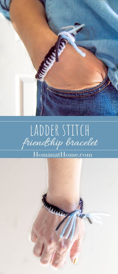 Ladder Stitch Friendship Bracelet | Homan at Home Popsicle Stick Bracelets, Friendship Bracelet Tutorial, Overhand Knot, Make Friendship Bracelets, Simple Stitch, French Knitting, Yarn Dolls, Friendship Bracelets Tutorial, Ladder Stitch