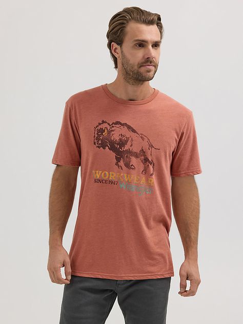 Untamed and free, Wrangler® is all about embracing your wild side. With an American bison graphic across the front, this classic crewneck tee celebrates that wild spirit of the West we all admire, adding a heritage look and feel to any outfit. Best of all, it’s made of a soft cotton blend that only gets better with time. Carpenters Shirts, American Bison, Wrangler Shirts, Wild Spirit, Loose Fit Jeans, Utility Pants, Men's Apparel, Men's Shirts, Short Shirts