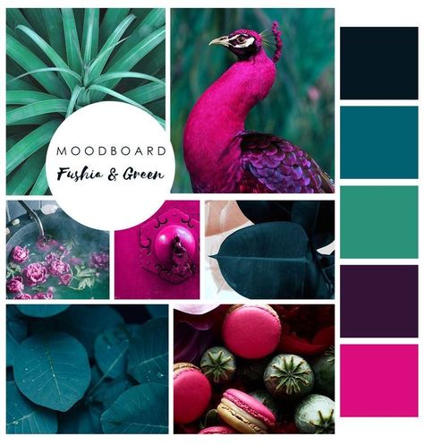 Color Palette 2023 Trend, Fuschia And Green Color Palette, Fushia Colour Combination, Pink Interior Moodboard, Fushia And Green Wedding, Fushia Palette, Green And Magenta Aesthetic, Fuscia Color Palette, Jewel Coloured Living Room