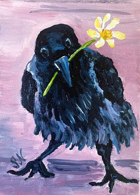 Raven with Chamomile Bird Painting ORIGINAL Crow Art Hand Painted Oil Painting Ukraine Art Bird Decor Drawing Allow Ukraine Seller Wall Art Raven Pictures Art, Crow Artwork, Crow Drawing, Raven Painting, Crows Artwork, Raven Pictures, Crows Drawing, Trash Polka Tattoo Designs, Lyric Book