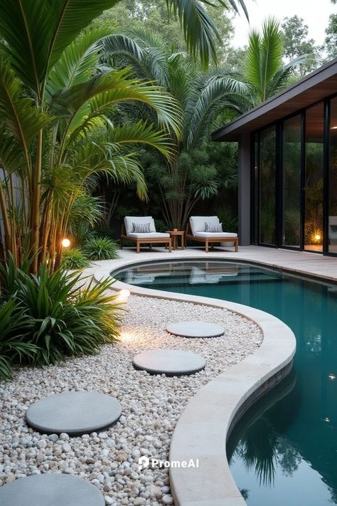 there is a long pool in the middle of the yard Pool Landscaping Mediterranean, Curved Pool Landscaping, Palm Tree Pool Landscaping, Grass Around Pool Ideas, Florida Pool Landscaping Ideas, Garden With A Pool, Circular Pool, California Pool, Long Pool