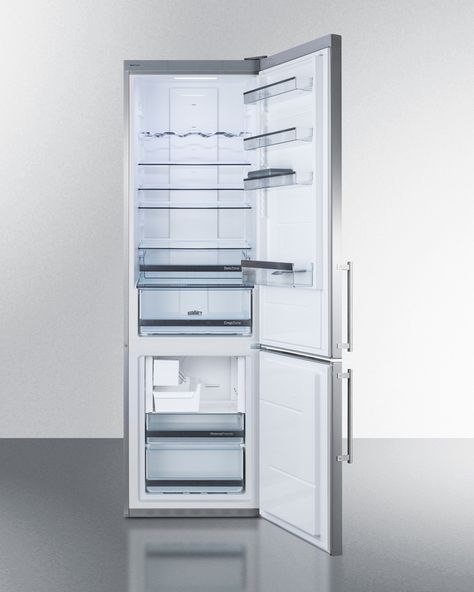 Built-in European counter depth bottom freezer refrigerator with stainless steel doors, platinum cabinet, icemaker, and digital controls for each section Open Refrigerator, Glass Shelves Kitchen, Stainless Steel Panels, Counter Depth Refrigerator, Bottom Freezer Refrigerator, Built In Refrigerator, Wine Shelves, Digital Thermostat, Counter Depth