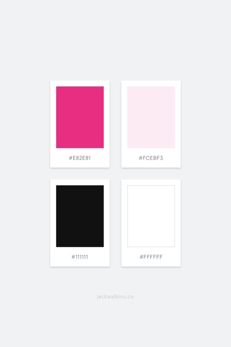 Bright, colourful and modern brand color palette, curated by Jack Watkins, a branding and website designer for visionary entrepreneurs. Ultra bright pink, fuchsia, muted blush pink, black and white.    #color #colour #colourful #colorpalette #colourpalette Black Pink Colour Palette, Bright Pink Branding Color Palette, Black White And Pink Color Palette, Modern Branding Color Palette Pink, Bright Color Palette With Black, Black White Pink Branding, Pink And Black Colour Palette, Black Pink Branding, Pink Black Branding