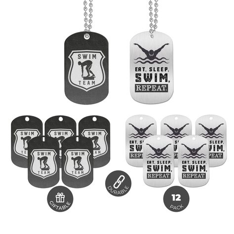 PRICES MAY VARY. Pack of 12 swimming themed dog tag necklaces for swimmers, divers, swimming coaches, swim and dive team members, family members and fans. Use these dogtag necklaces to motivate your swim team, to give away as gifts and awards to swimmers and divers, or as goodie bag items at your competitive swimming or diving themed party, championship tournament, or event. Made from aluminum metal, each dog tag pendant measures 1.2 inches wide by 2 inches high. A 20-inch long beaded chain is i Goodie Bag Items, Swimming Team, Swimming Coach, Pentathlon, Bag Items, Swim Coach, Swim Mom, Synchronized Swimming, Competitive Swimming