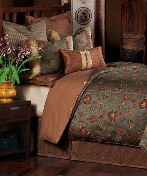 Eastern Accents Bedding Set Eastern Accents Bedding Set: This Asian-influenced bed set includes velvets, floral motifs and an iridescent matelasse. Hand-painted pillows display customary fans and details such as ball trim, decorative frog ties and knots give flair to the ensemble. Curtain panels, a table runner and a storage ottoman round out this luxurious bed set. Touch Of Class Bedding, Luxury Bed Linen, Boho Farmhouse Bedding, Boho Homes, Brown Things, Painted Pillows, Ottoman Round, Farmhouse Bedrooms, Western Bedding