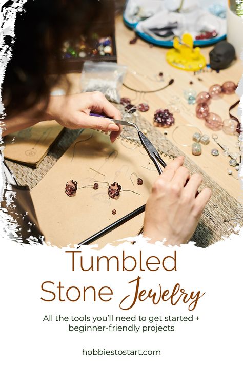 How to Make Tumbled Stone Jewelry + 4 Easy Projects How To Make Jewelry From Rocks, Polished Rock Jewelry Diy, Polished Stone Jewelry Diy, Polished Stones Projects, Making Rock Jewelry, Rock Jewelry Diy Stones, How To Make Jewelry With Stones, What To Do With Tumbled Rocks, Tumbled Rock Crafts