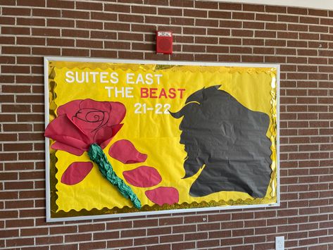 RA staff bulletin board Beauty And The Beast Bulletin Board Ideas, Beauty And The Beast Bulletin Board, Office Bulletin Board Ideas, Staff Bulletin Boards, Office Bulletin Boards, Beauty And The Beast Costume, Beast Costume, Ra Boards, Disney Theme