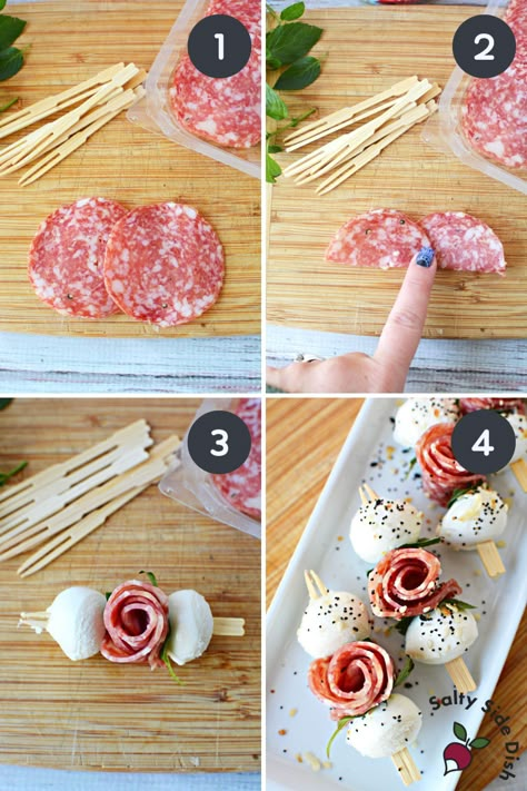 Salami Roses with Mozzarella Balls (Viral) | Salty Side Dish Salami Rose, Salty Side Dish, Mozzarella Balls, Party Food Buffet, Catering Ideas Food, Charcuterie Inspiration, Party Food Platters, Charcuterie And Cheese Board, Charcuterie Recipes