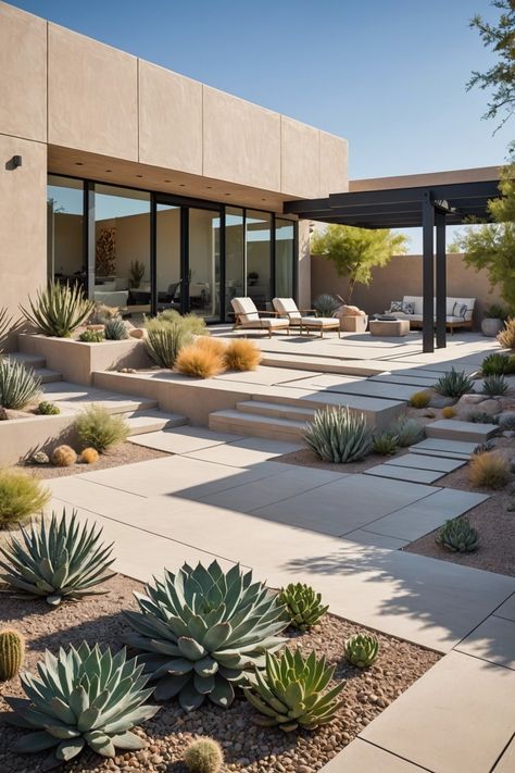 Arizona Front Yard Landscaping Ideas, Texas Desert Landscaping, Dessert Garden Landscape, Modern Desert Landscaping Front Yards, Marrakech Courtyard, Desert Backyard Ideas Arizona, Desert Pool Landscaping, Desert Garden Landscaping, Adobe Exterior