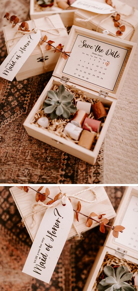 Wedding Date Gifts, Bridal Party Gift Box Ideas, Diy Bridemaids Proposals, Bridesmaid Invitation Ideas, Maid Of Honor Box Proposal, Bridesmaid Proposal Ideas Diy Cheap, Cheap Bridesmaid Proposal Diy, Brides Maids Boxes Diy, Fall Bridesmaid Box Ideas