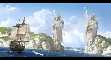 ArtStation - 2 sheets - Sea and boat, lok du Sea And Boat, Fantasy Cities, Fantasy Architecture, Pirate Art, Fantasy Background, Fantasy Ideas, Location Inspiration, Image Painting, Fantasy Castle