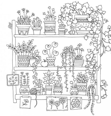 Plant Coloring Pages, Fantastic Cities Coloring Book, Plant Doodle, Pot Plants, White Drawing, 자수 디자인, Plants And Flowers, Bullet Journal Doodles, Flower Doodles