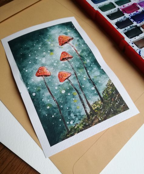 Ink Mushroom, Forest Fireflies, Mushroom Paintings, Watercolor Mushroom, Fantasy Watercolor, Mushroom Forest, Watercolor Sketchbook, Art Diary, Woodland Theme