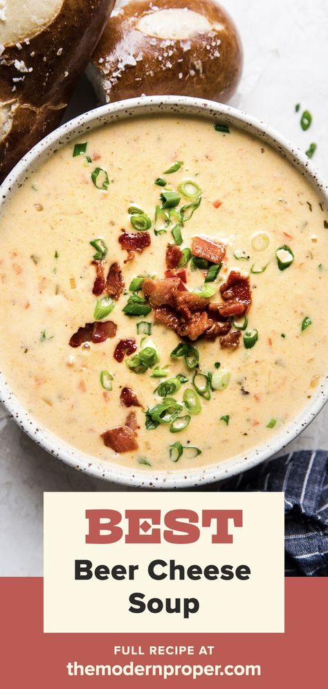 Beer Cheese Soup with bacon, peppers in a bowl with pretzel rolls and a spoon Bacon Beer Cheese Soup, Easy Beer Cheese Soup, Beer Cheese Soup Recipes, Beer Soup, Beer Cheese Soup, Cheese Soup Recipe, Crockpot Appetizers, The Modern Proper, Modern Proper